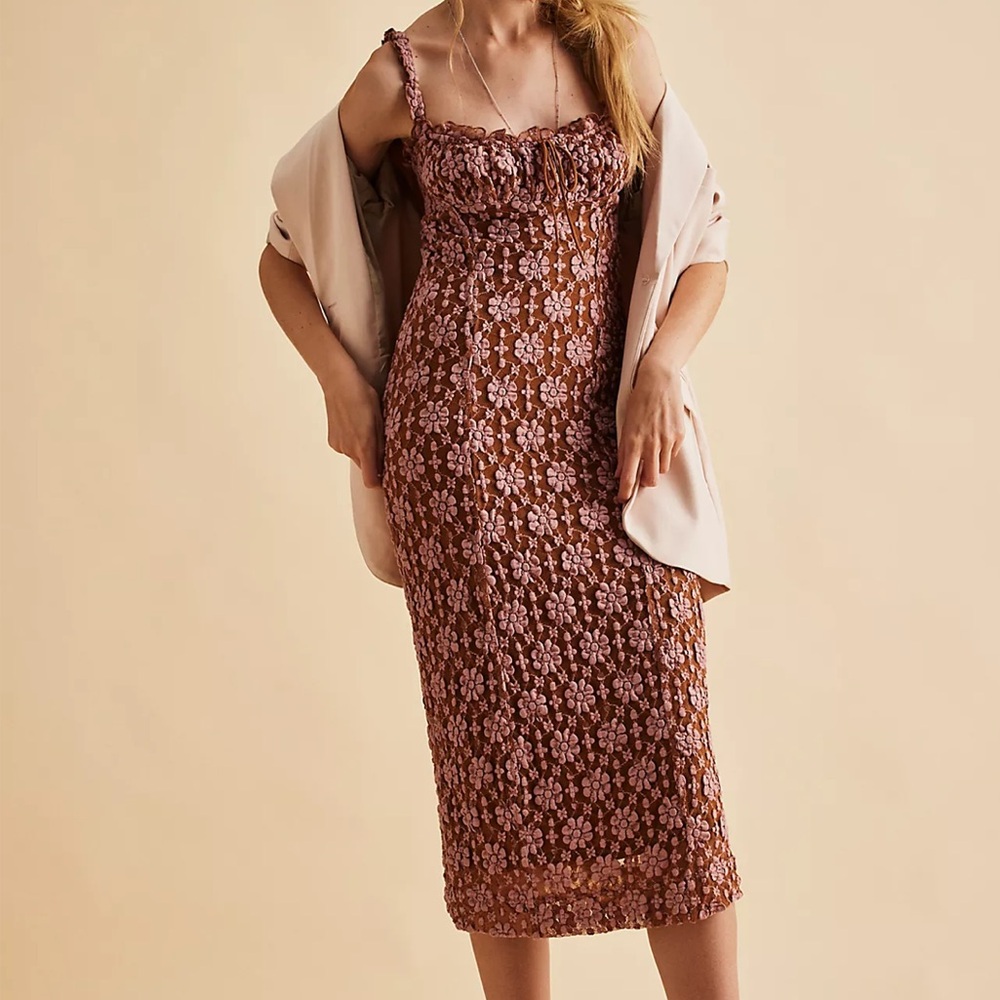 Free People Brown Floral Lace Midi Dress